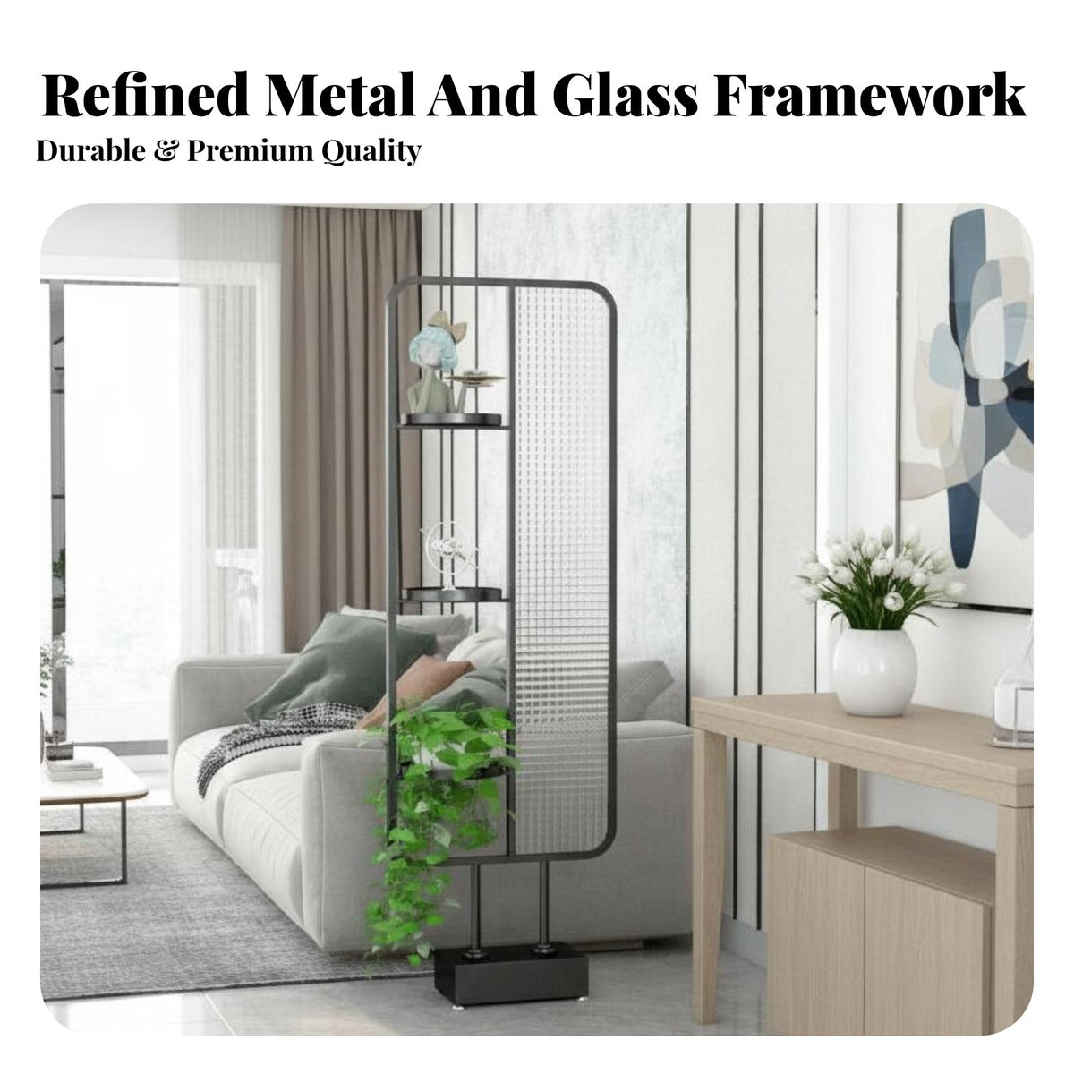 Drill-Unrestricted Installation Partition Screen with Shelves Unrestricted Standing Design Room Divider Space-Dividing Home Furniture Textured Glass Panel for Apartment Dwellers, Telecommuting Workers, Small Business Owners, Aerial-Plan Areas, in Ice