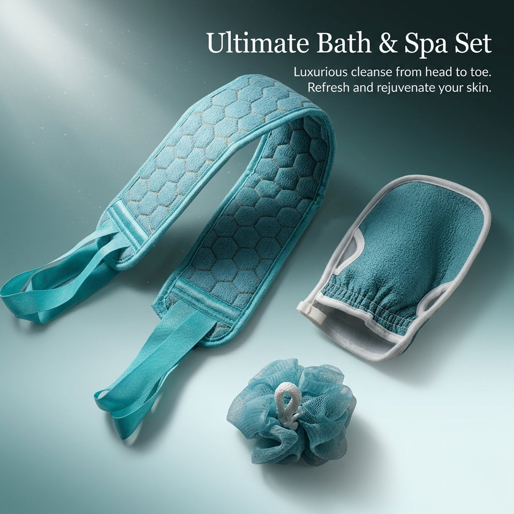 Bath Scrubber Set for Adults, Exfoliating Back Strap with Long Handles, Three Piece Kit with Mitt and Gloves, Textured Surface for