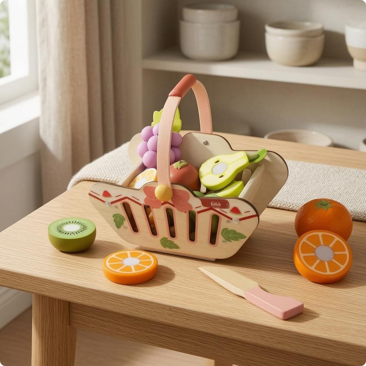 Carrying Handle Wooden Cutting Fruit Set Natural Wood Finish Wooden Fruit Cutting Toy Colorful Basket Storage Container Polished Edges for Young Children, Early Learning