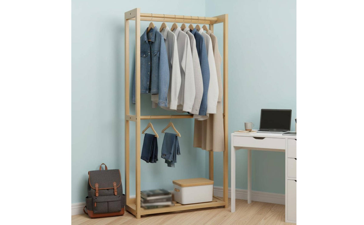 Wooden Floor Clothes Rack Easy to Move Double Rod Clothes Rack Solid Wood Coat Tree for Balcony, Dorm Room