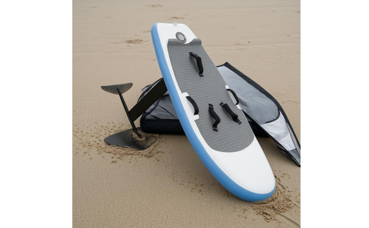 2 Pieces Traction Pad Inflatable Hydrofoil Board Carry Handles Surfboard and Hydrofoil Set Textured Deck Inflatable Surfboard Blue Edge