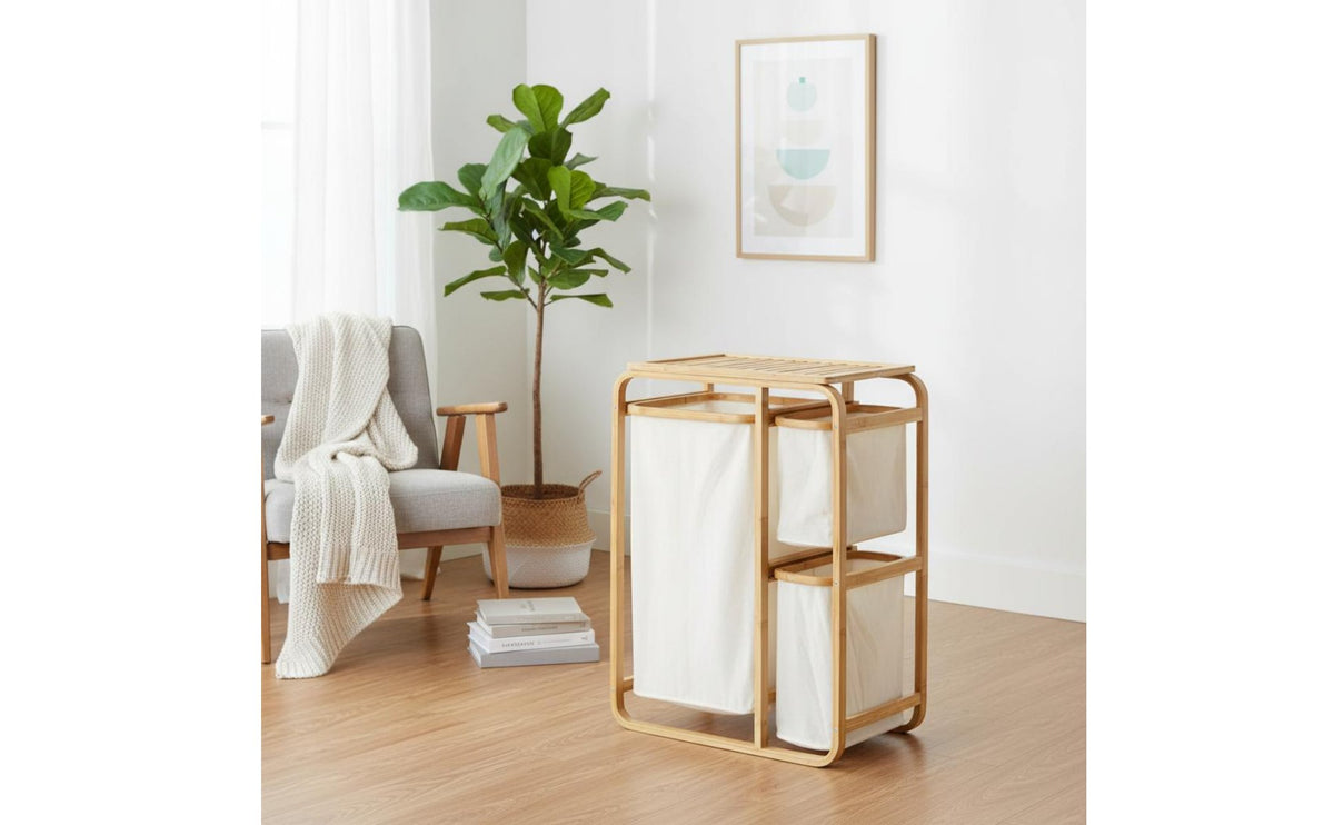 Foldable Design Bamboo Laundry Sorter Rack Nordic Design 3 Section Laundry Hamper with Shelf for Bathroom