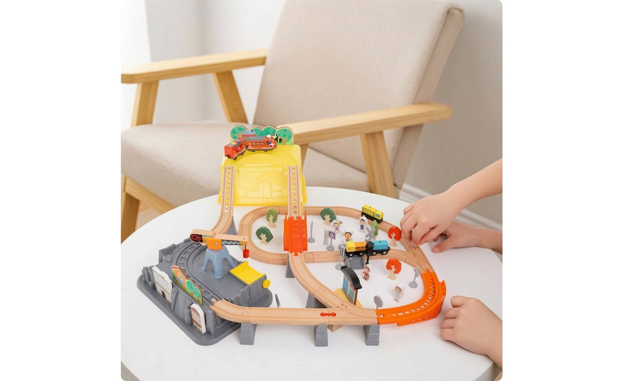 Electric Toy Train Track Playset Interlocking Wooden Train Set Elevated Allall-Inclusive for Children, Toddlers, Preschoolers, Playroom, Classroom, Daycare
