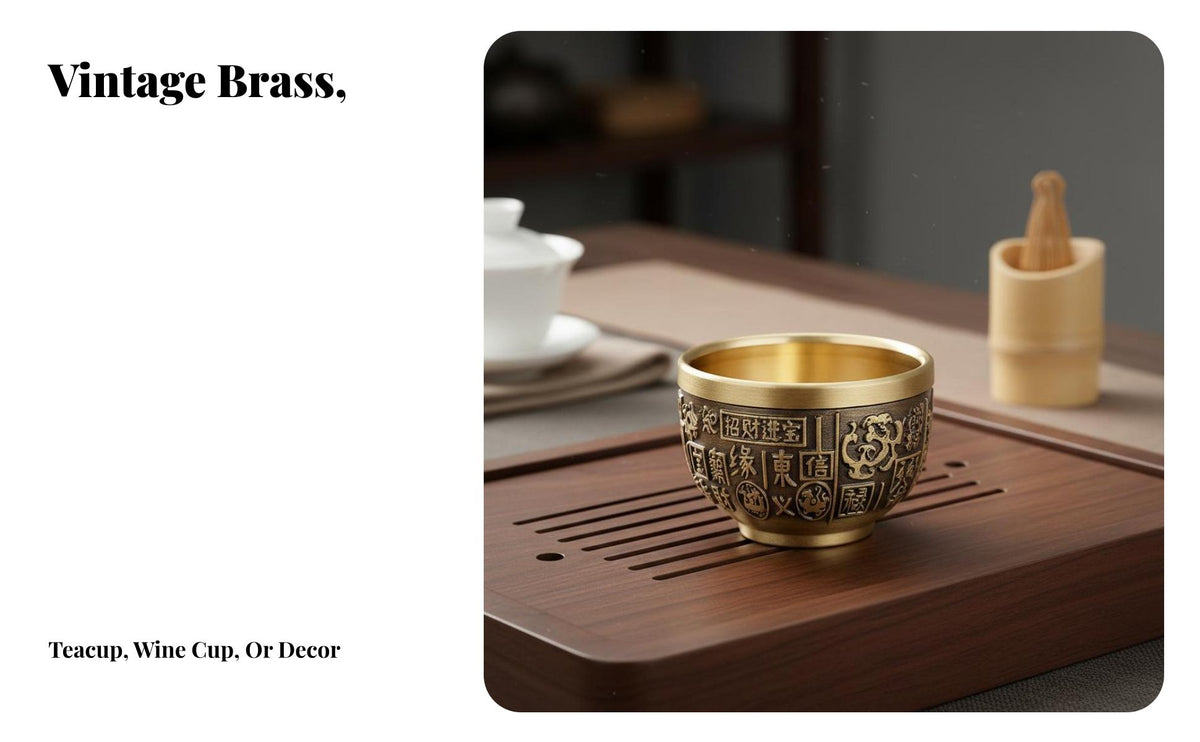Chinese Ceremonial Tea Cup Good Fortune Symbolism Engraved Brass Cup Luxurious Embossed Metal Teacup for Collectors, Gift Donors, Living Room, Altar