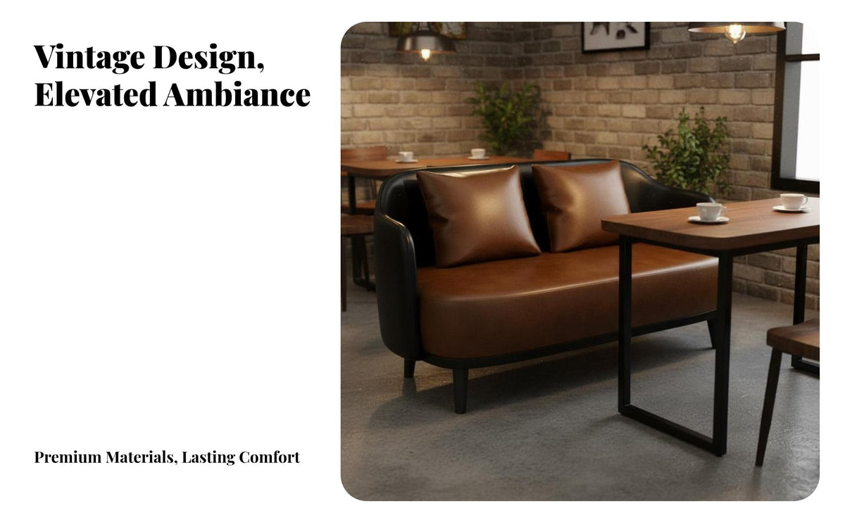 Long-Lasting Iron Frame Industrial Design Booth Sofa High-Density Foam Cushion Sintered Stone Top Table Easy to Clean PU Leather Loveseat Scratch Resistant for Cafe Owners, Bar Managers, Interior Designers