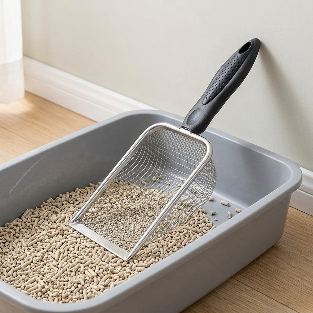 Litter Scooper and Sifter with Pooper Lifter, Stainless Steel Fine Mesh Scooper, Deep Rectangular Shape with Ergonomic Grip for Cat Litter Box