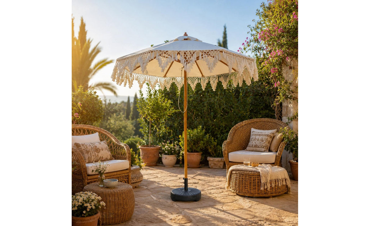Fringed Parasol Woven Fringe Round Parasol Umbrella Pointed Finial Outdoor Shade