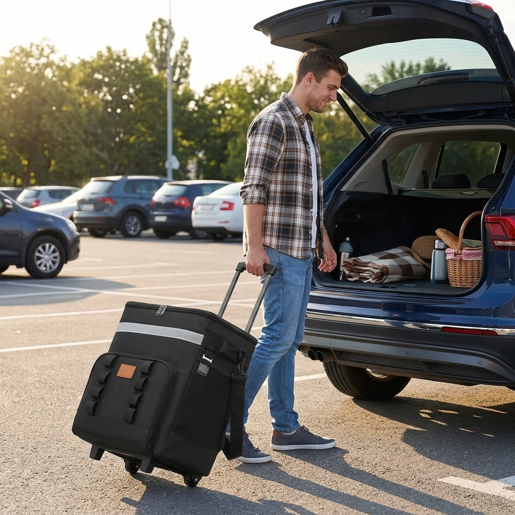 35L Large Capacity Insulated Cooler Bag with Wheels for Outdoor Picnics and Fishing