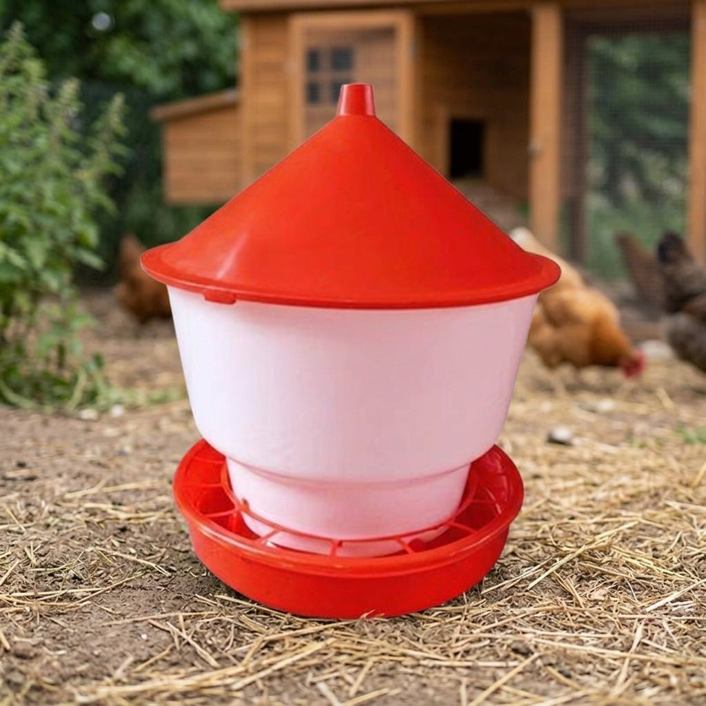 Automatic Chicken Feeder, Pest-Proof Poultry Seed Dispenser, Red and White Waterproof Lid