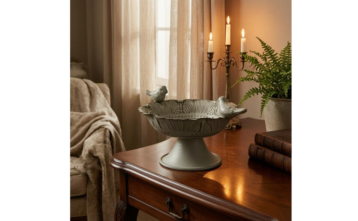 Distressed Finish Bird Candle Holder Embossed Floral Leaf Pedestal Candle Holder Gray-Green Pedestal Tray Tabletop