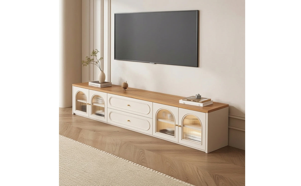 TV Cabinet with Glass Doors Floor-Standing TV Stand Wooden Media Console for Living Room