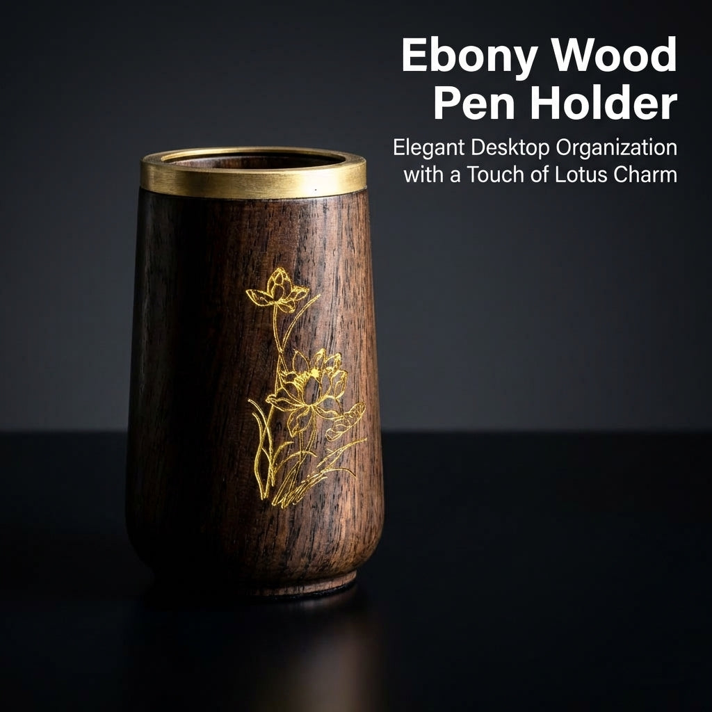 Pen Organiser for Desk Organization, Solid Ebony Wooden Pencil Pot Stationery Holder, Round Desktop Storage for Students and Offices