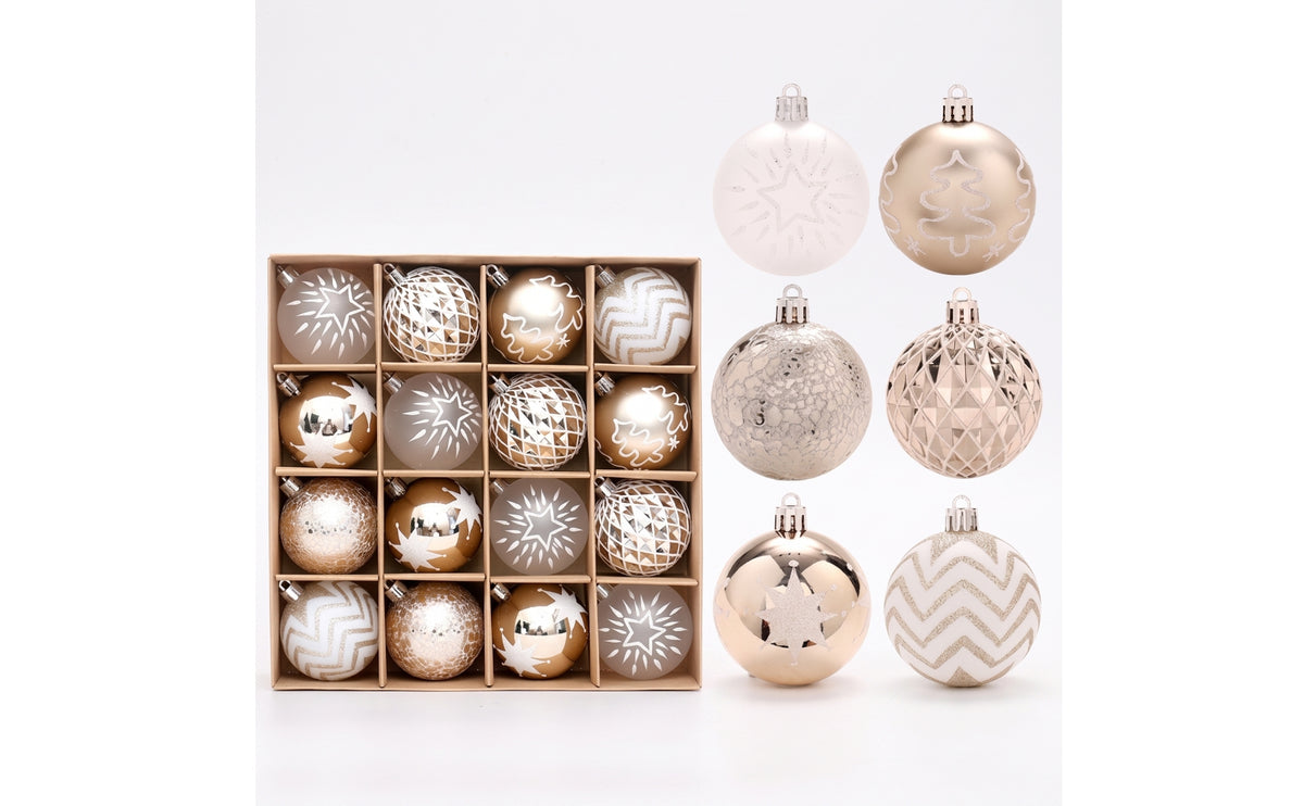 16-Piece Christmas Ball Ornament Set in Champagne Gold and White