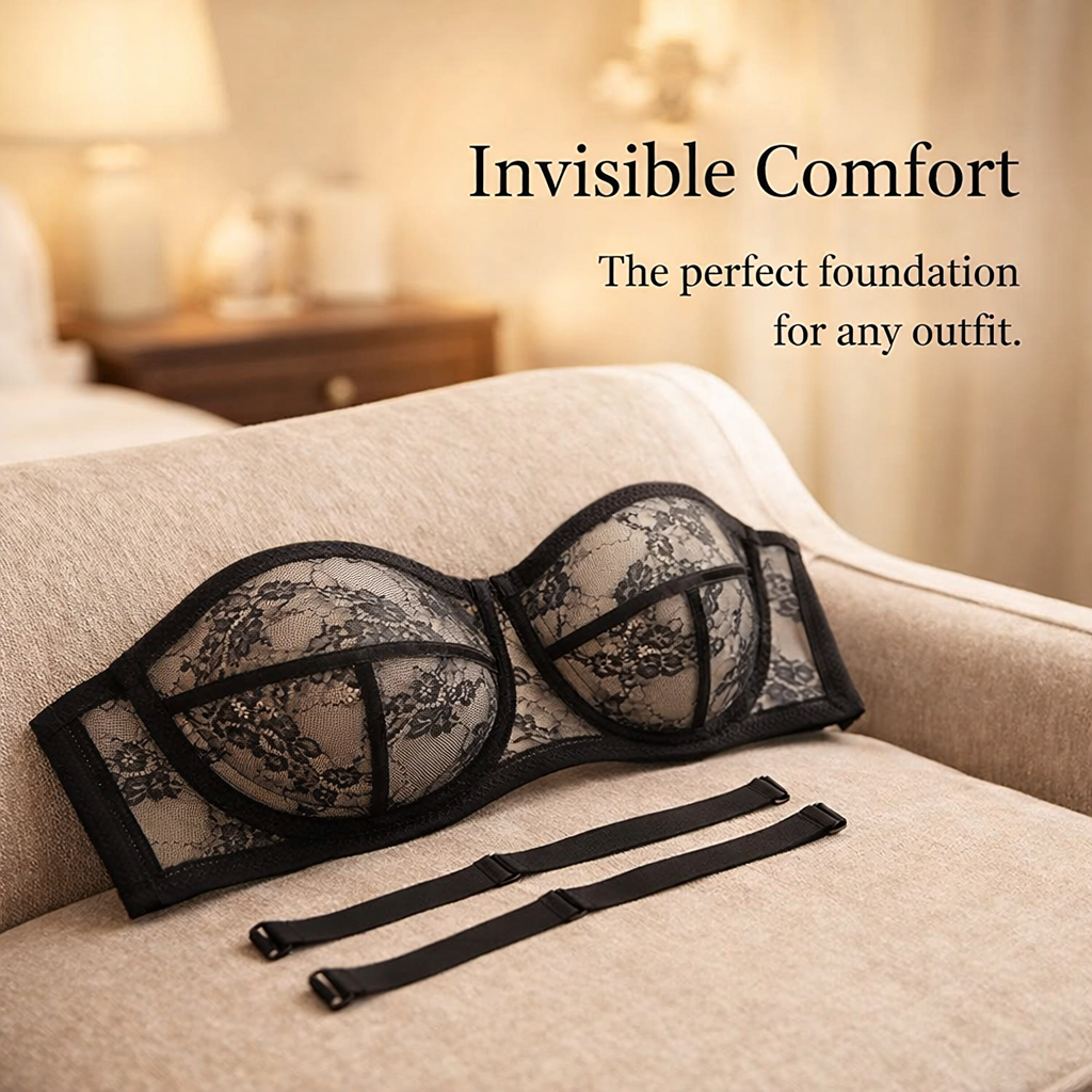Strapless Bras for Women with Detachable Straps and Push Up Support, Backless Bandeau with Anti-Slip Silicone for Tops