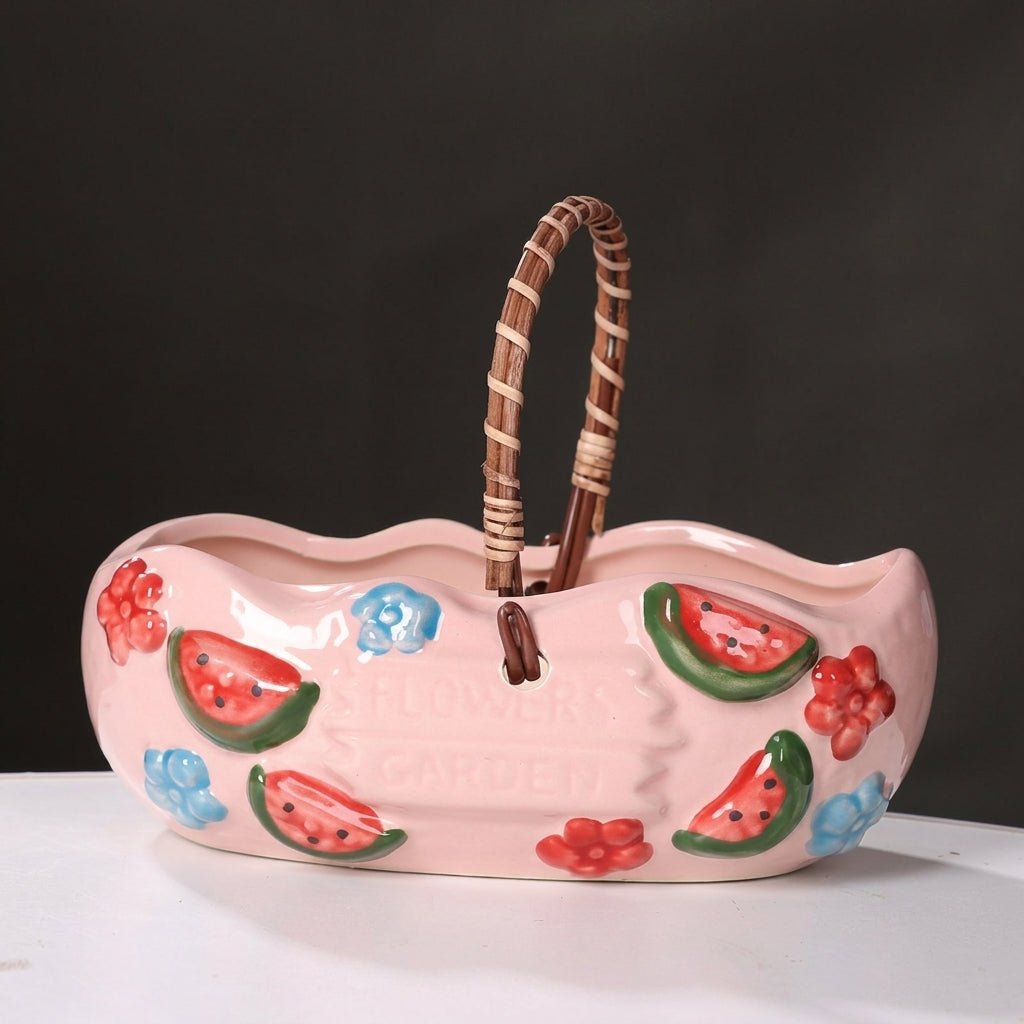 Plant Pots and Strawberry Planter for Garden Decor, Ceramic Flower Pots with Handle for Home Office, Rustic Handmade Bonsai Pot, Outdoor Planter
