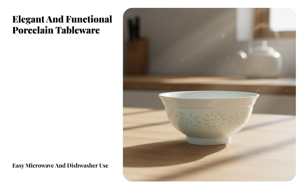 Celadon Underglaze Porcelain Bowl & Plate Set, Jingdezhen High Temp Ceramic, Modern Chinese Style, Easy to Clean