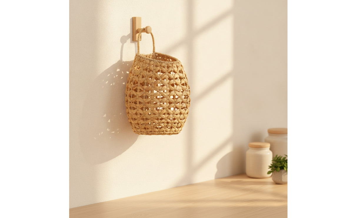 Woven Wall-Mounted Storage Basket Rustic Hanging Storage Basket with Loop Handle Handmade Lightweight for Living Room