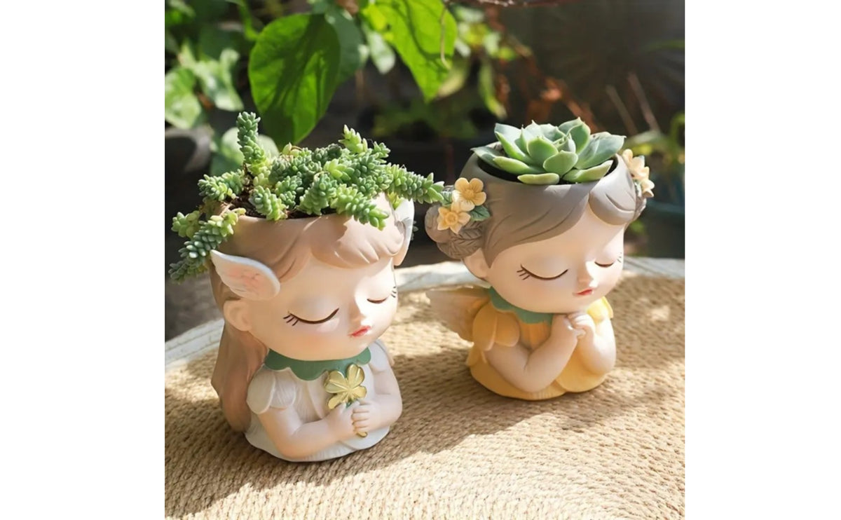Fairy Head Planter Resin Flower Pot Sculpture Whimsical for Desktop, Windowsill