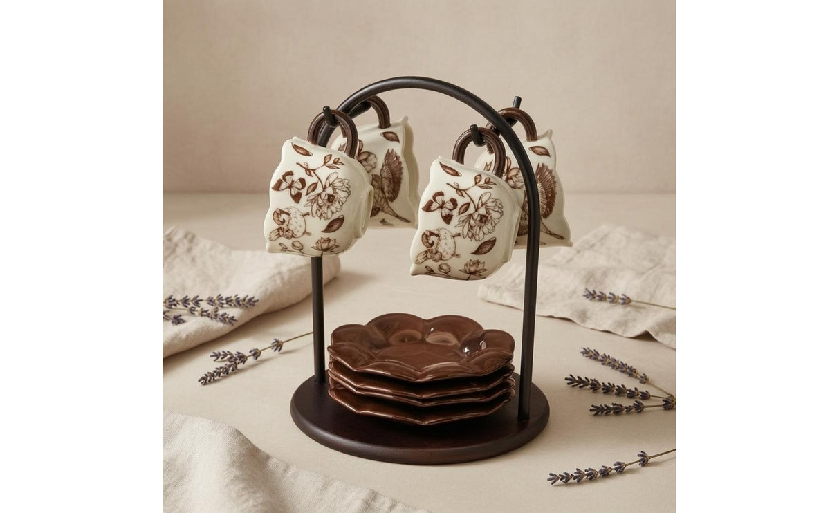 Ceramic Cup and Saucer Set Acacia Wood Stand Tableware Hanging Frame