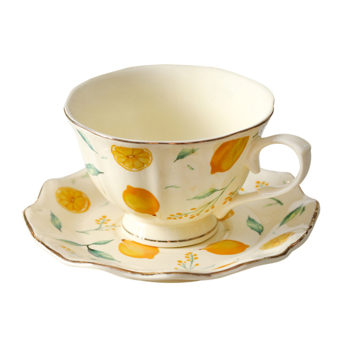 Scalloped Ceramic Cup and Saucer Set Footed Tea Cup with Saucer Printed Crockery Beautiful for Breakfast Nook
