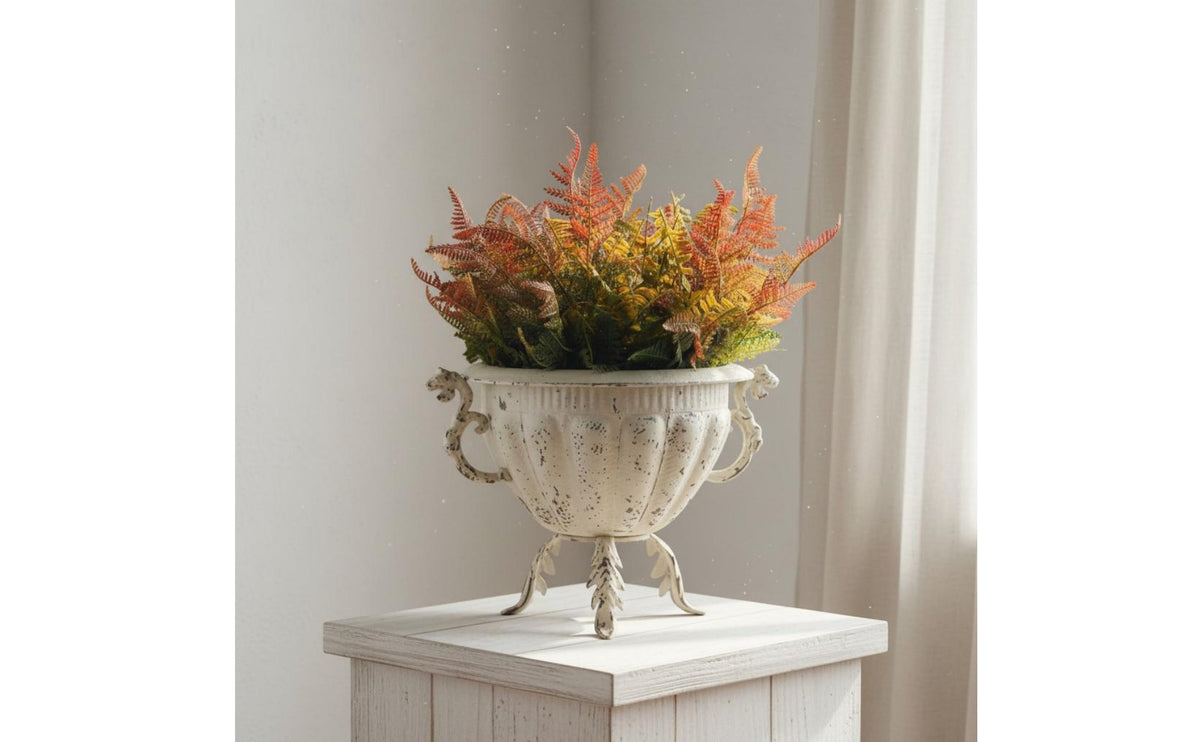French Style Trophy Vase Large Mouth Silhouette Trophy Vase Ornate Handles Distressed Metal Planter for Photo Studio, Tabletop