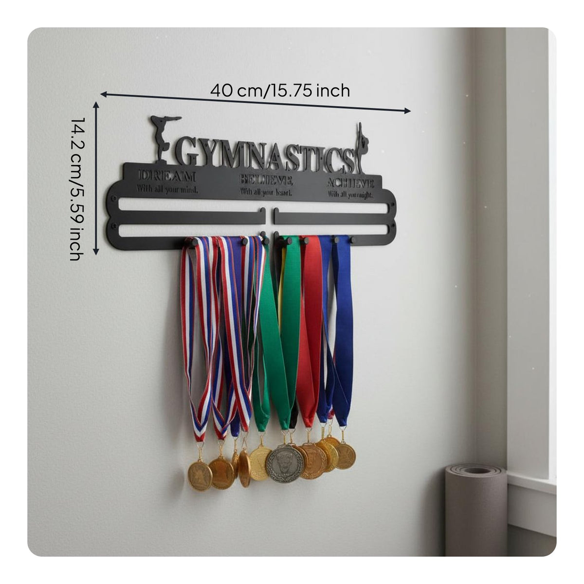 Great Gift Gymnastics Medal Holder Easy Installation Metal Medal Display Rack Heavy Duty Ribbon Awards Organizer Space Saving for Gymnasts, Athletes, Kids