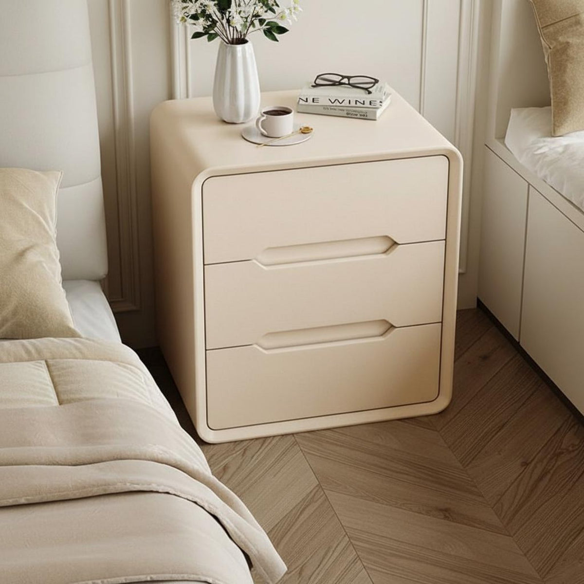 Integrated Handles Modern 2-Drawer Nightstand Scratch Resistant Tech Cloth Cream Design Bedside Cabinet Bedroom Furniture
