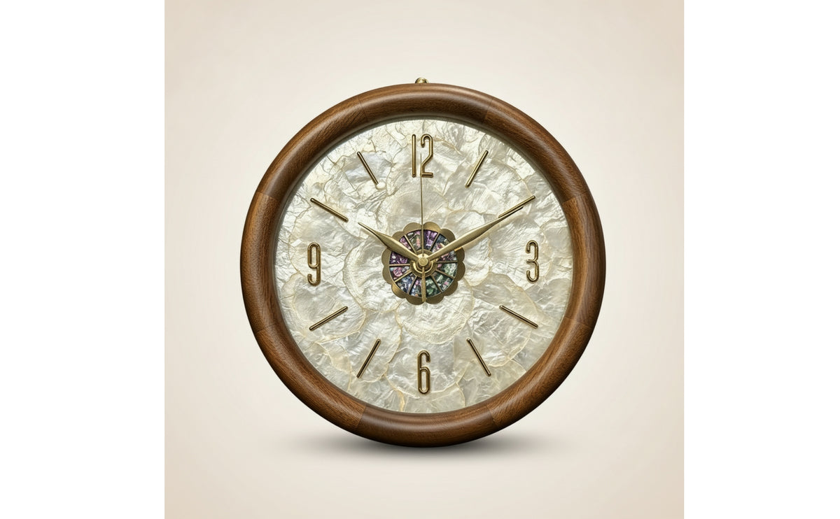 Clock with Wood-Grain Frame Ornate Clock with Iridescent Dial Analog for Office