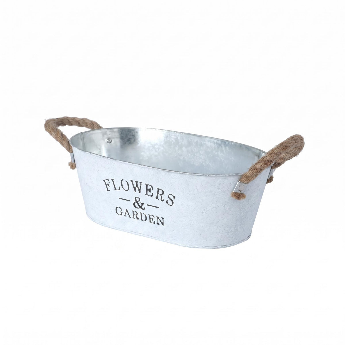Brushed White Vintage Metal Flower Pot Sturdy Handles Galvanized Oval Planter Oval Metal Planter