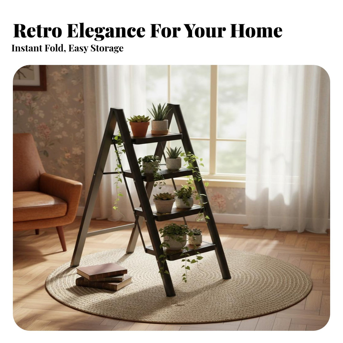 Folding Step Ladder Foldable Design Retro Design Step Stool Lightweight Decorative Ladder Shelf for Homeowners, DIY Enthusiasts, Home, Kitchen
