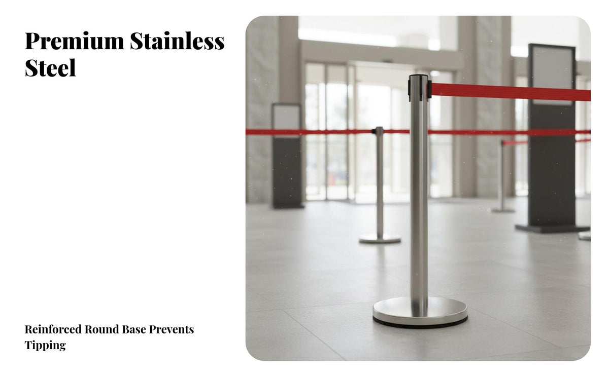 Heavy Duty Base Stainless Steel Queue Pole Rustproof Retractable Belt Stanchion Multiple Colors Stanchion Post with Belt Stable for Event Organizers, Retail Managers, Business Owners, Airports, Exhibitions, Shopping Malls, Exhibition Halls