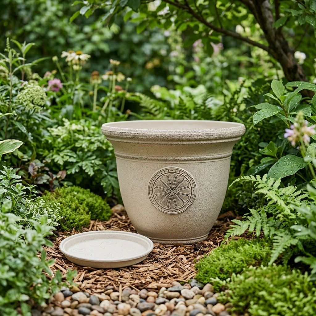 Plant Pots and Flower Pots, Round Embossed Resin Planter with Saucer, Heavy Duty Outdoor Planter for Garden Decor and Floor Standing Home Decor