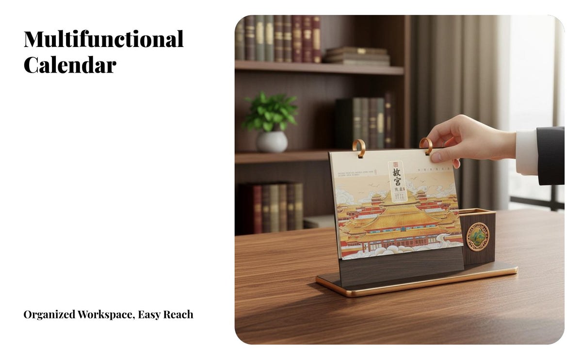 Chinese Style Wooden Desk Calendar, Multifunctional Monthly Planner, Customizable, Pen Holder, Business Gift, Elegant Decor