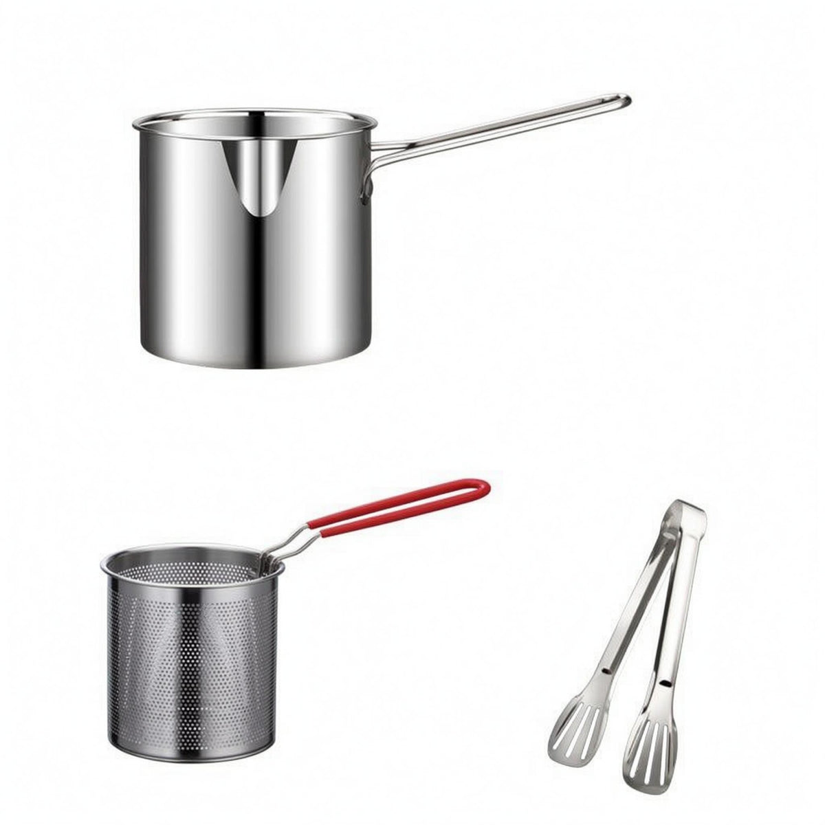 Polished Silver Stainless Steel Fryer Pot Long Handle Frying Pot Rolled Rim Cookware Pouring Notch