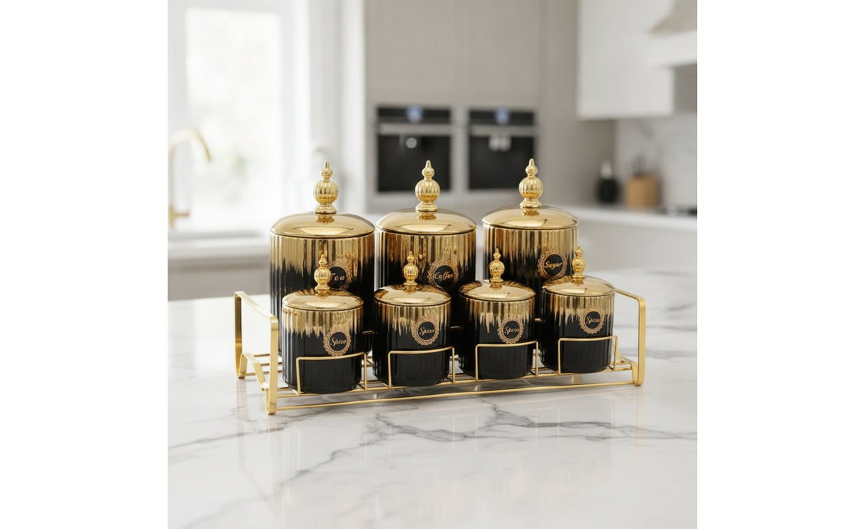 Ceramic Jars with Metal Golden rackTone Ribbed Canisters with Rack Decorative Kitchen Storage Jar Set for Coffee Station, Pantry