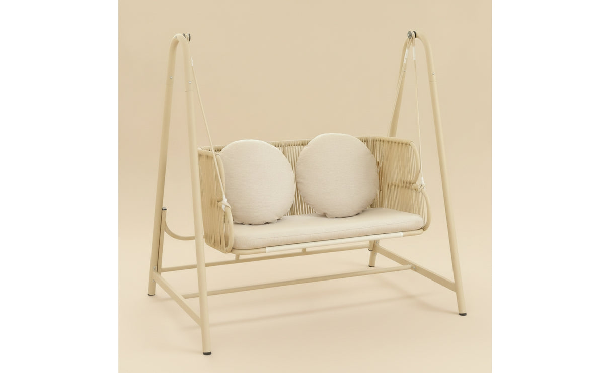 Cushioned Double Swing Chair Freestanding Hanging Chair with Stand Woven Hanging Loveseat Outdoor for Living Room