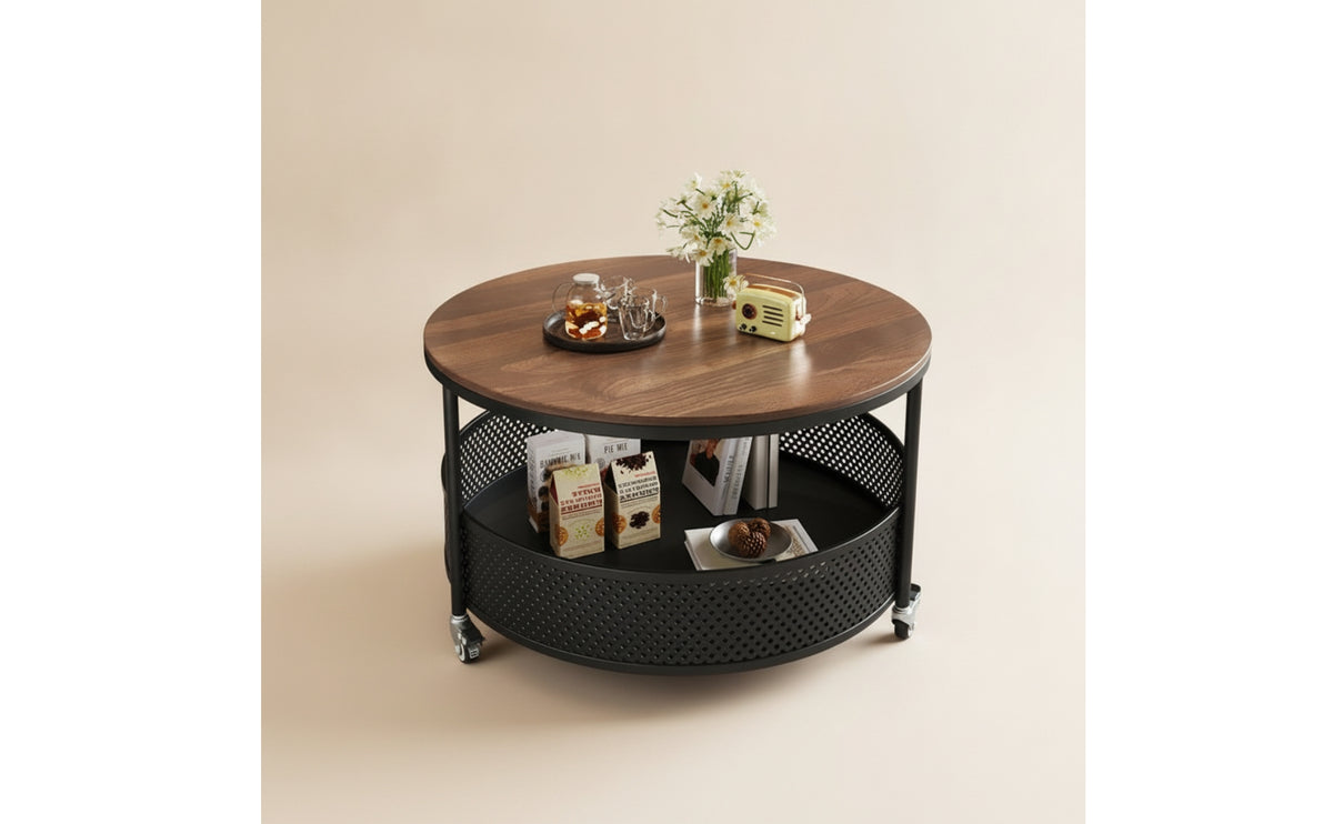 Round Coffee Table with Shelf Two-Tier Round Table with Storage Portable for Apartment Dwellers, Homeowners, Living Room, Small Areas