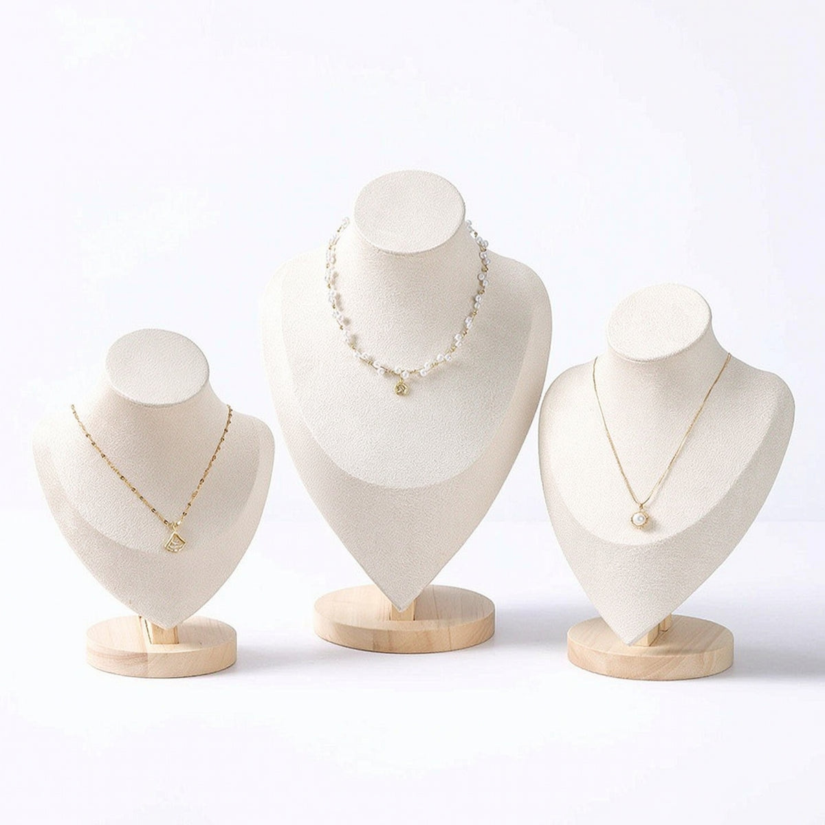 3 Pieces Suede-Covered Necklace Display Bust Countertop Jewelry Display with Wooden Base Elegant Necklace Bust Stand Sturdy for Photographers