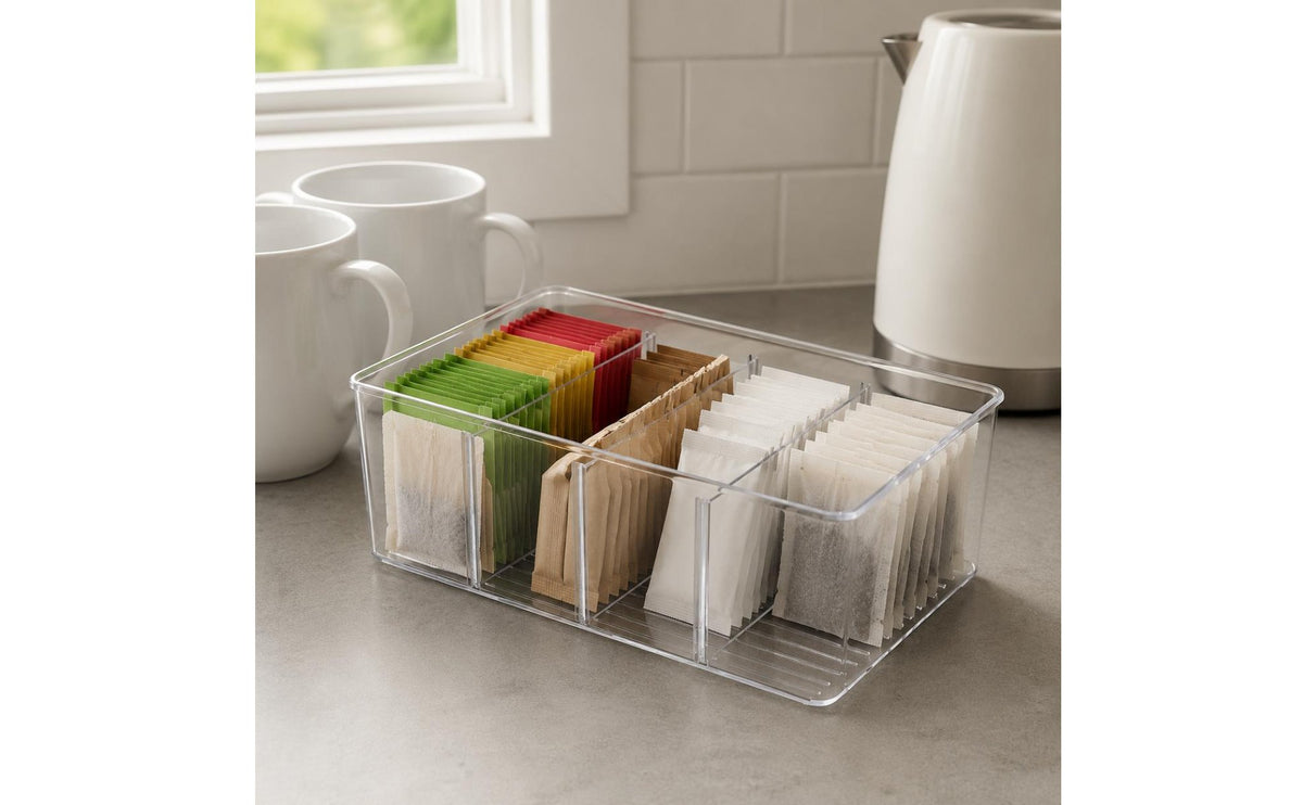 Tea Bag Organizer Transparent Lidded Compartment Box Easy to Clean for Desktop