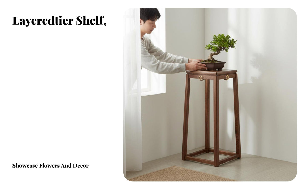 Chinese Design Two-Tier Flower Table Mortise and Tenon Joinery Plant Holder Natural Oil Finish Display Pedestal Artisan-Made for Gardeners, Homeowners, Apartment Dwellers, Living Room, Bedroom, Entrance Hall, Balcony