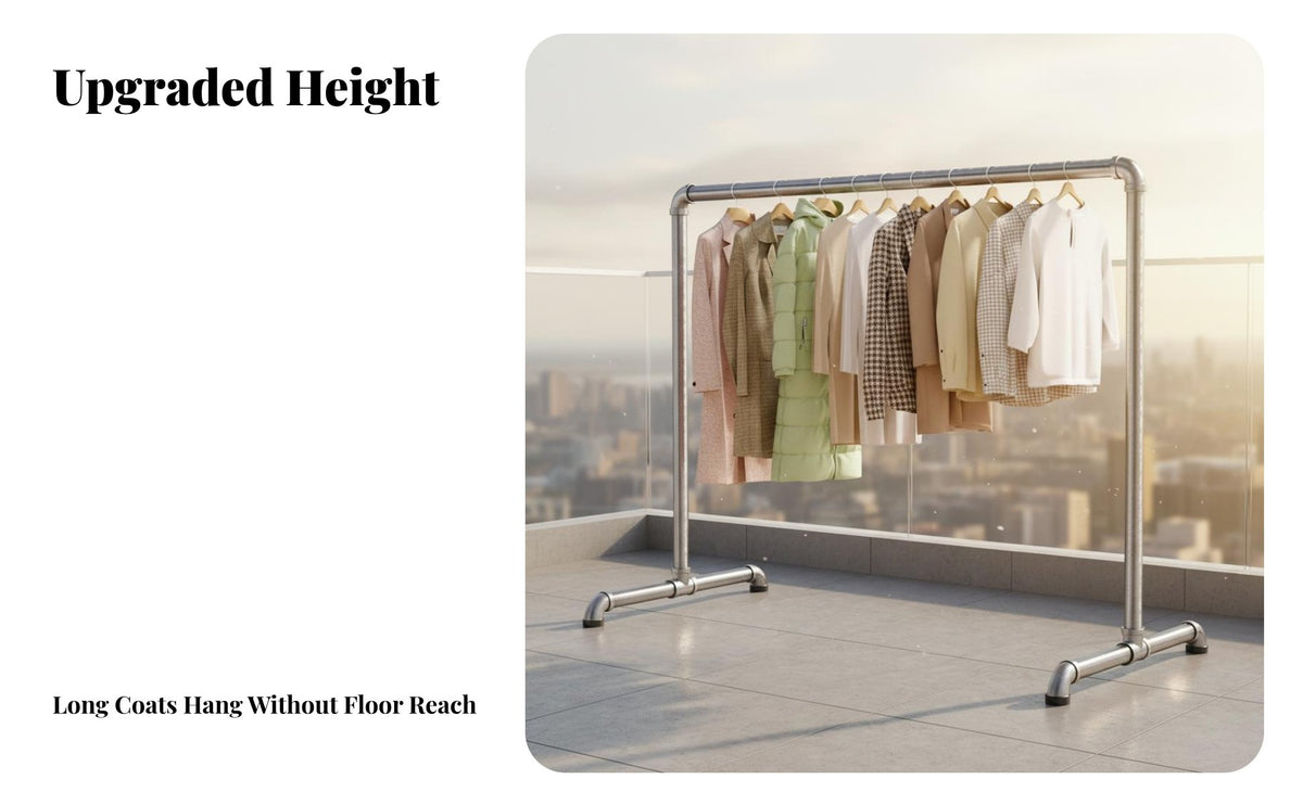 Steel Pipe Dehumidifying Rack Construction Industrial Pipe Clothes Rack Rust-Resistant Heavy Duty Clothes Stand for Balcony, Bedroom, Retail Display