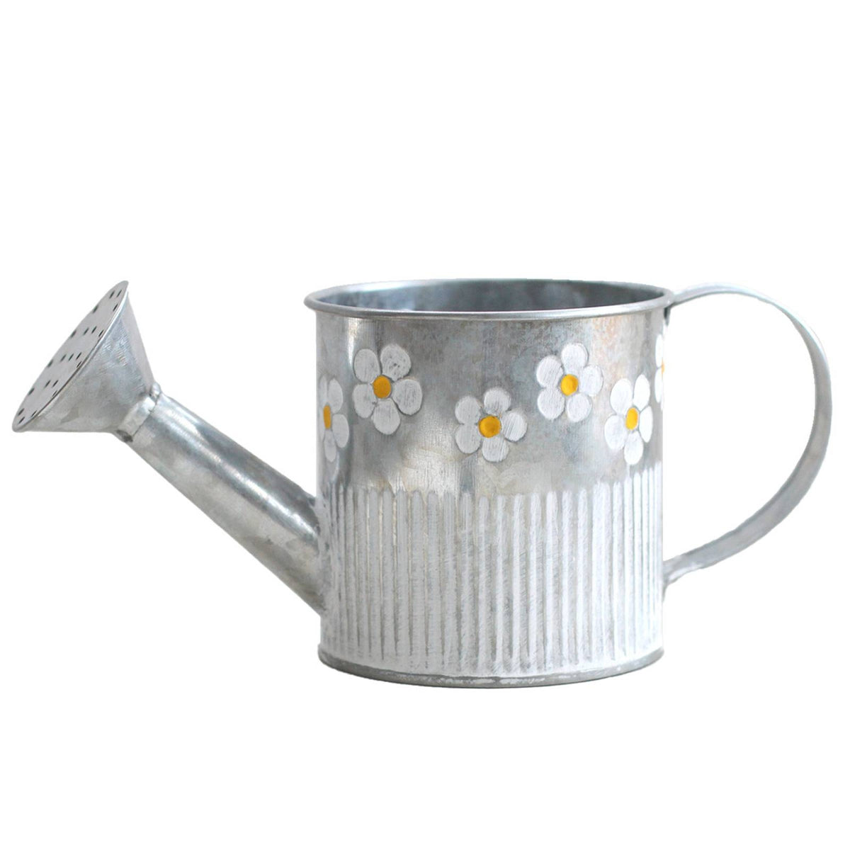 Watering Can with Floral Motif Galvanized Watering Can with Distressed Finish Metal Flower Pot Ribbed Planter Compact