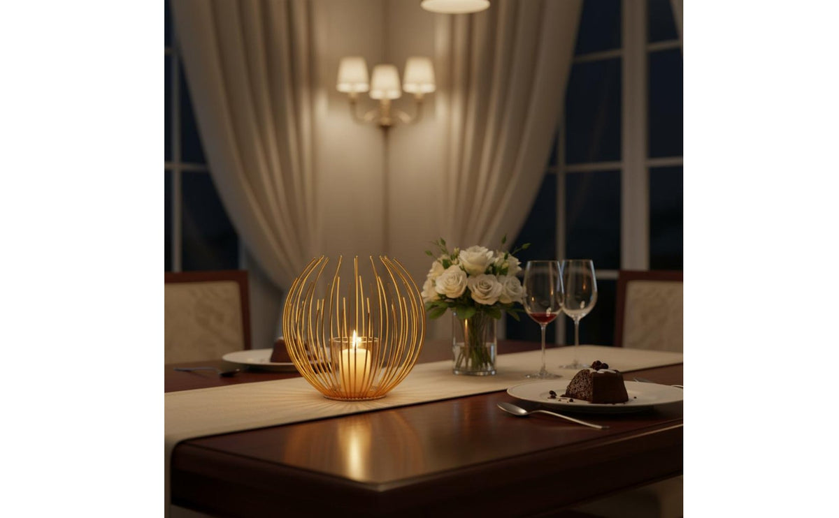 Nordic Design Gold Wire Frame Candle Holder Creative Design Spherical Metal Candlestick Light Luxury Hollow Wire Tealight Holder Romantic Atmosphere for Dining Table, Living Room, Wedding, Party