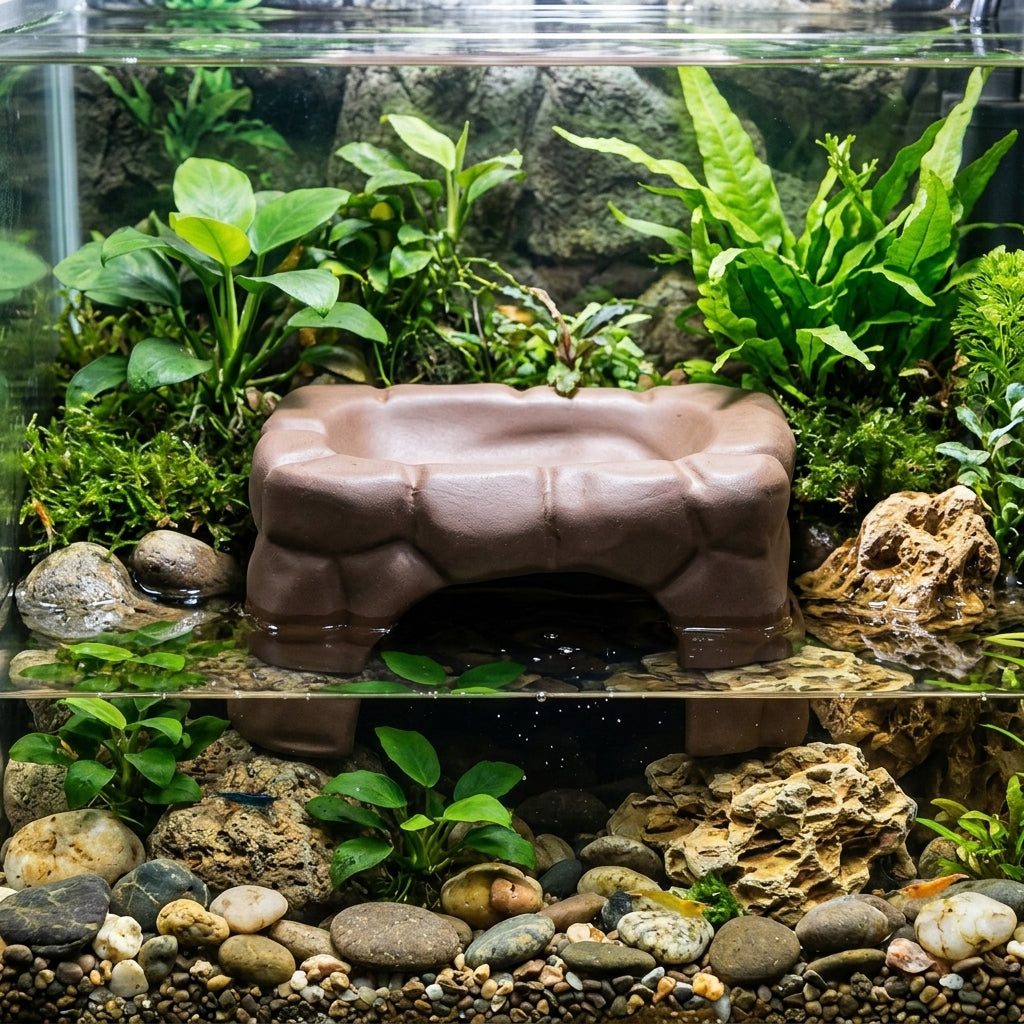 Large Ceramic Turtle Basking Ledge, Multi-Functional Turtle Decor for Hiding and Climbing, Heat-Resistant Porous Stone Cave for Reptiles
