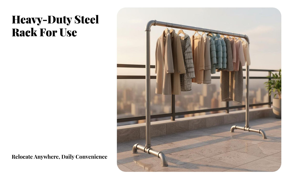 Extra Thick Steel Pipe Drying Rack Sturdy Construction Floor Standing Clothes Rack No Drilling Required Heavy Duty Clothing Stand Tool-Tool-Less Installation for Families, Homeowners, Balcony, Outdoor, Apartment, Bedroom