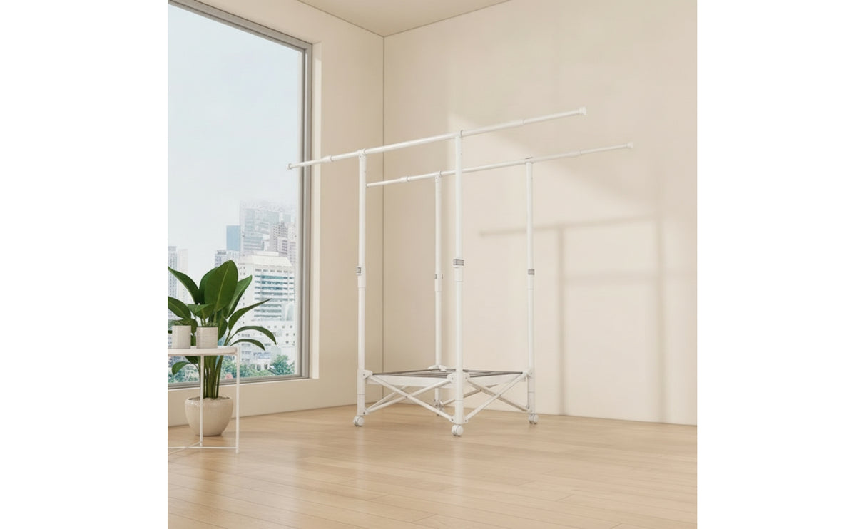 Double-Rod Clothes Drying Rack with Wheels Telescopic Clothes Drying Rack Compact Airer Movable for Apartment
