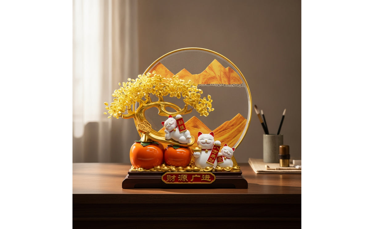 Auspicious Cat Ornament with Metal Frame Festive Cat Figurine Indoor