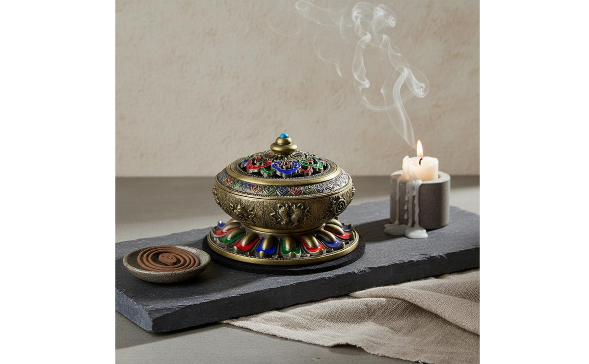 Eight Auspicious Symbols Burner Nepalese Design Copper Alloy Censer Coil Aromatic Burner Intricate Carvings for Tea Room