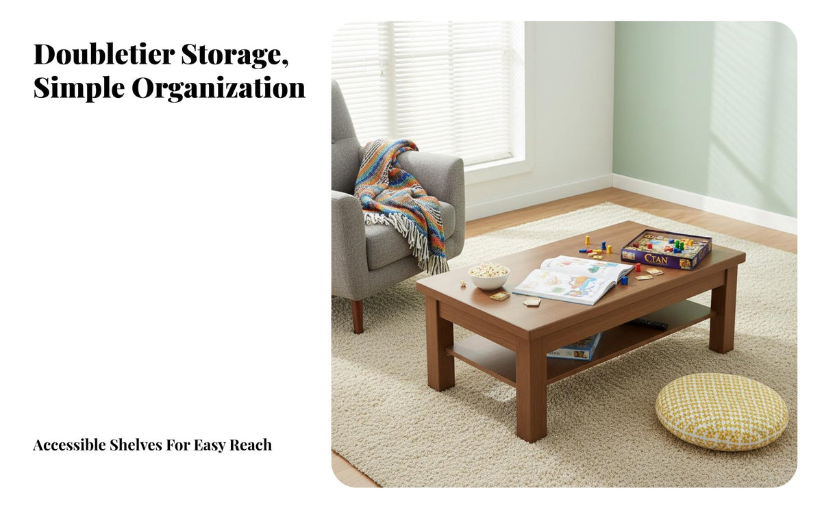 Double-Layer Storage Rectangular Table with Shelf Simple Modern Design Household Furniture Sturdy and Long-Lasting Multi-Functional for Small Space Dwellers, Homeowners, Interior Decorators, Living Room, Lounge Area, Home