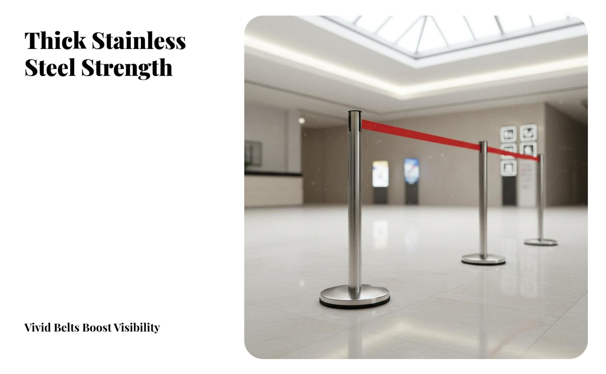 Anti-Rust Stainless Steel Retractable Belt Barrier Heavy-Duty Base Retractable Belt Crowd Control Post Long-Lasting Double Layer Queue Stanchion Weather Resistant for Event Organizers, Retail Managers, Business Owners, Events, Exhibition Halls, Airports